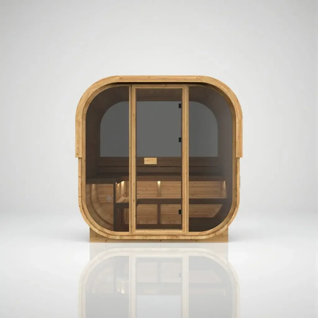 Sauna Cube 250 — Hekla Cube 210 sauna d'extérieur en tremble thermo-scandinave naturel, vue de face avec verre panoramique
